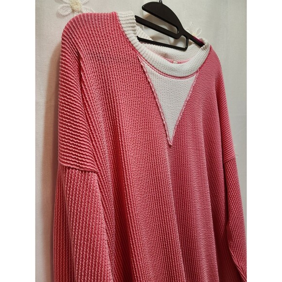 MAGIC FIT WOMEN S/M PINK WHITE SWEATER RIBBED KNIT OVERSIZED RELAXED COMFY LOOSE - Picture 2 of 13